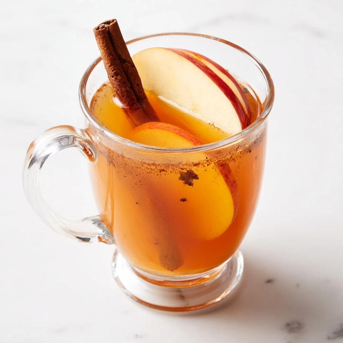 Steaming hot apple cider garnished with apple slices and cinnamon, a cozy fall beverage.