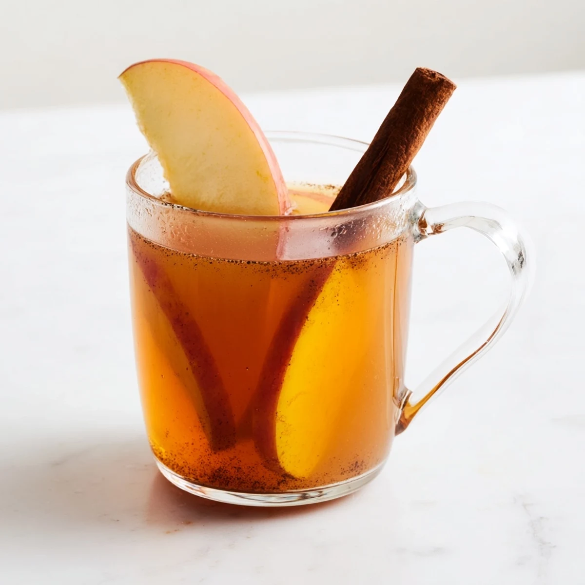 A warm mug of hot apple cider with vibrant orange slices and star anise, spiced and delicious.