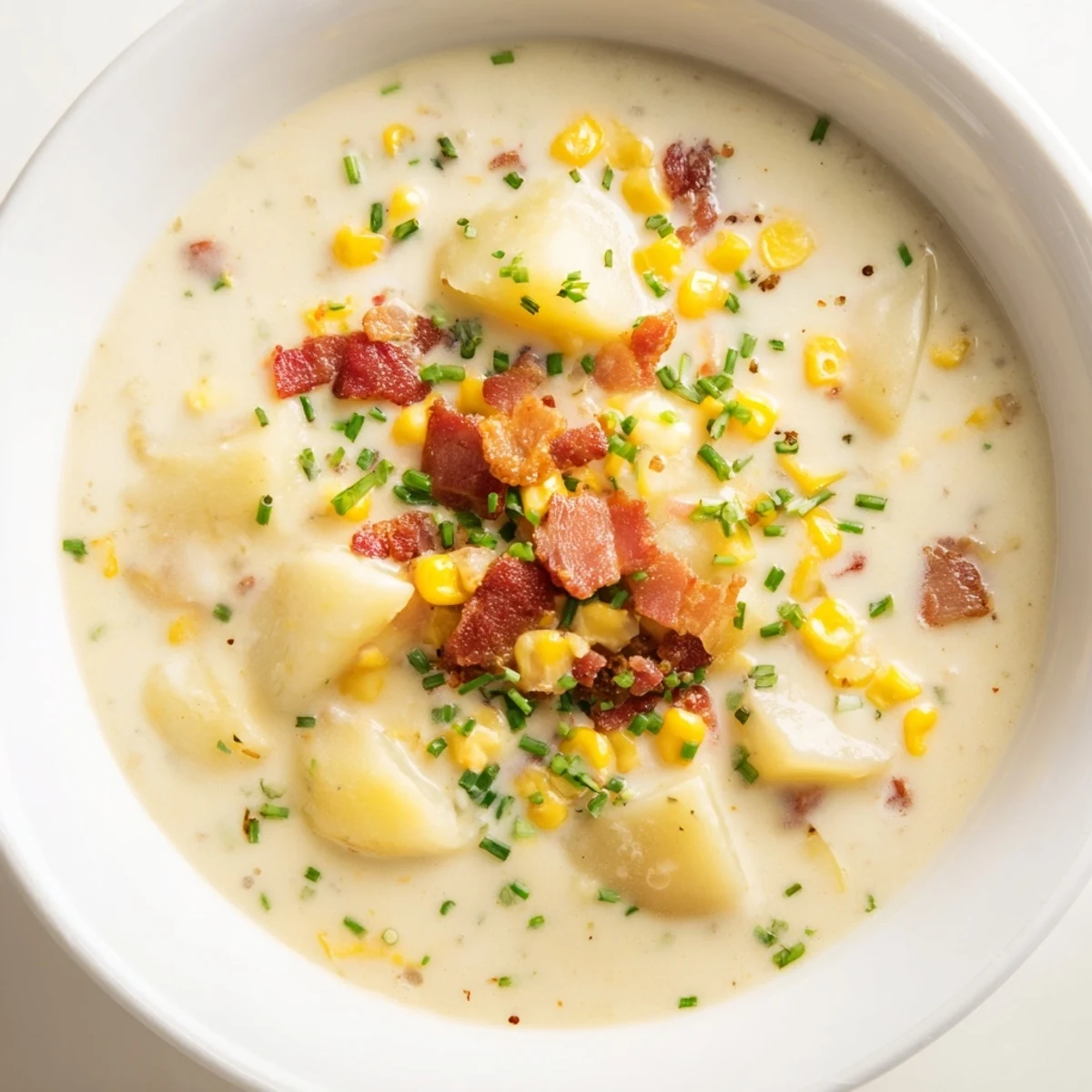 Golden, creamy Corn Chowder with visible bits of corn and crispy bacon, ready to serve.
