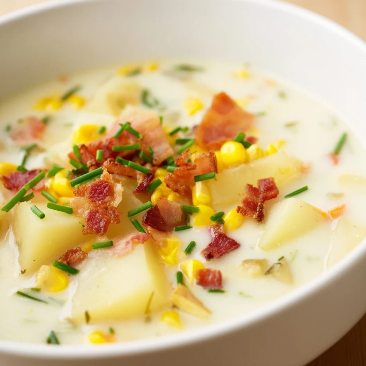 A warm bowl of Corn Chowder, showing off its hearty texture and garnished with fresh herbs.