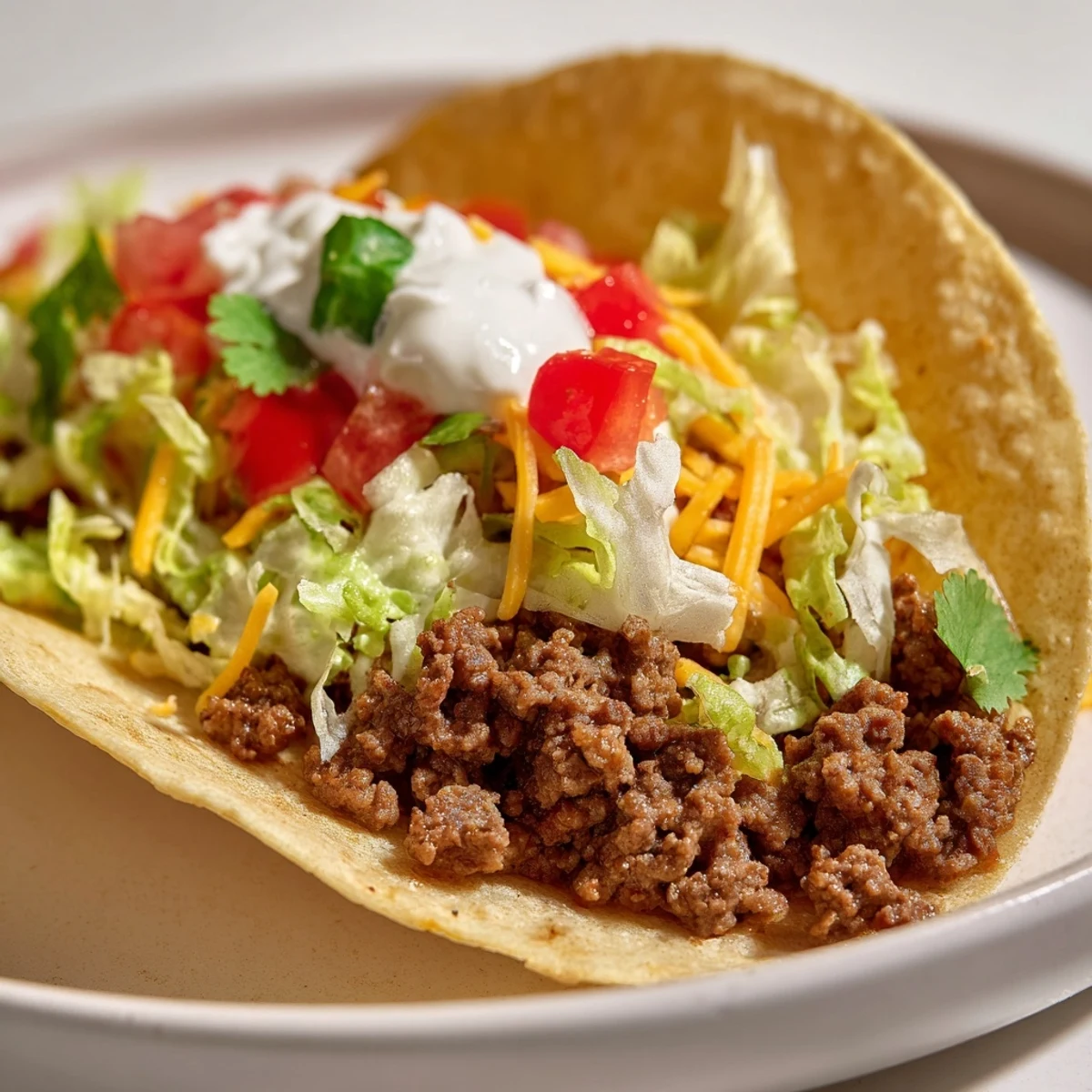 Steaming beef tacos piled high with shredded cheddar cheese, lettuce, and fresh cilantro, ready to eat.