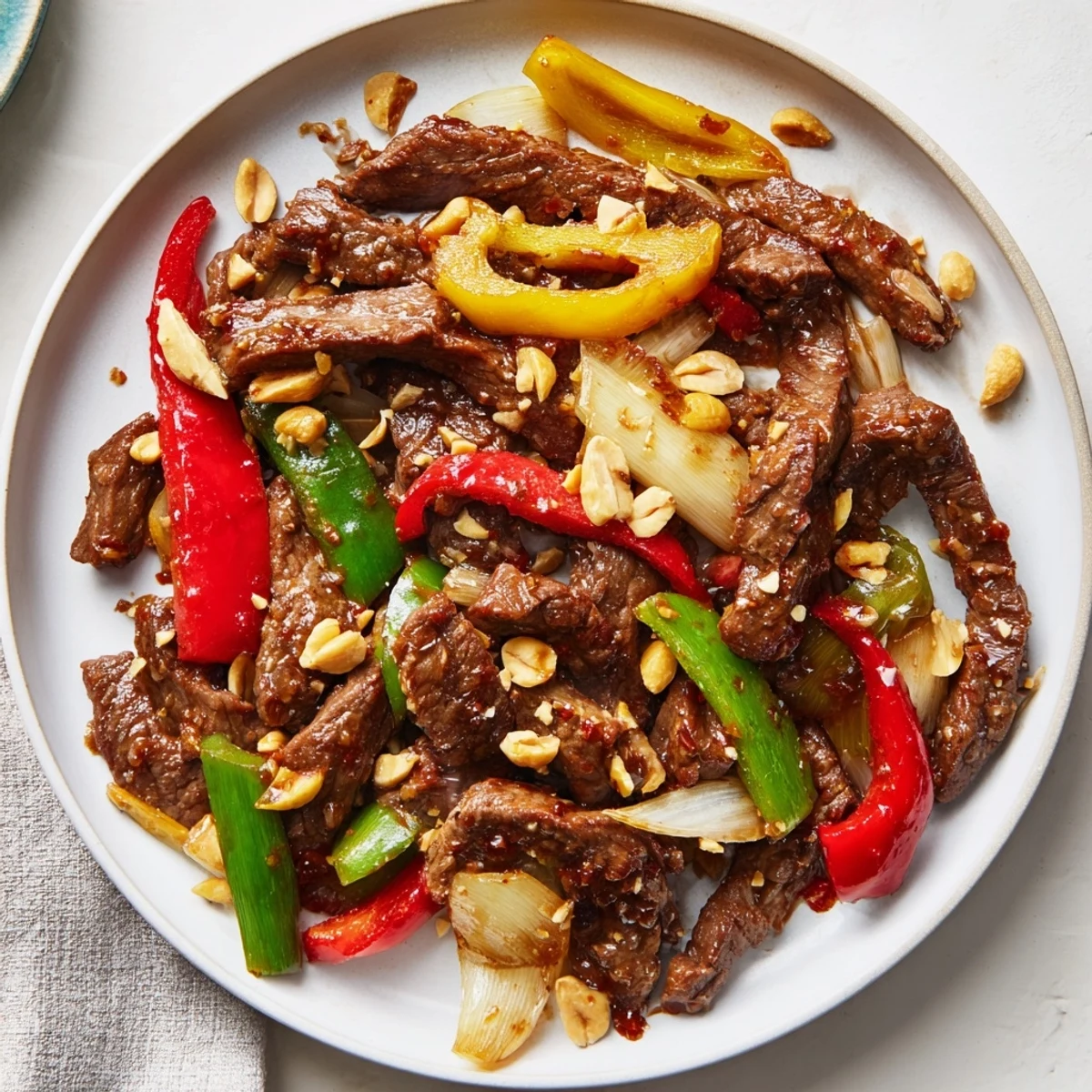 Sizzling Szechuan Beef stir-fry featuring tender beef strips and colorful peppers in a spicy sauce.