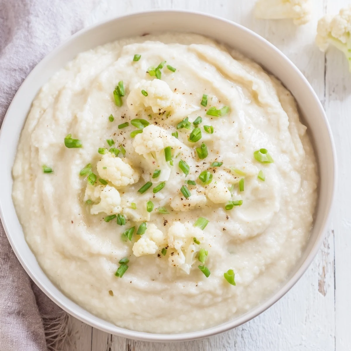 A bowl of creamy mashed cauliflower, made with butter and Parmesan for rich flavor.