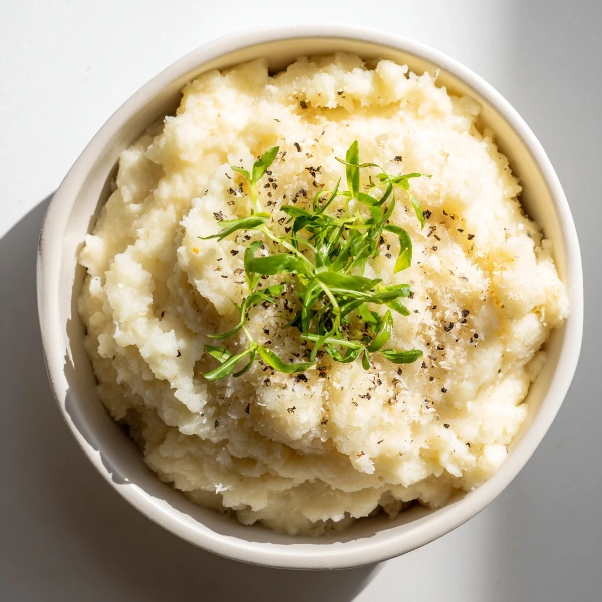 Fluffy mashed cauliflower garnished with fresh herbs, a delicious, low-carb side dish.