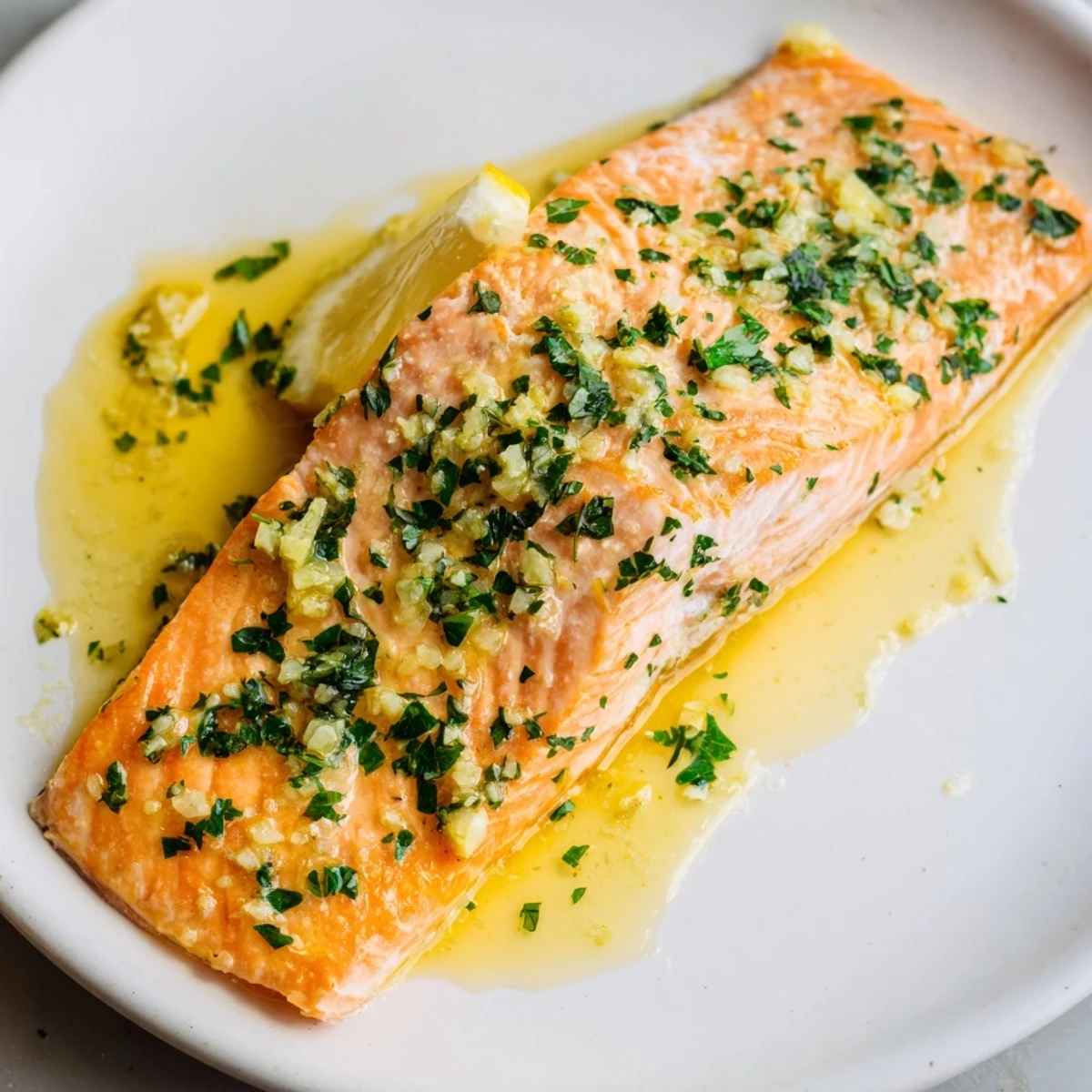 Savory garlic salmon, perfectly cooked and tender, offering a delicious, healthy dinner option this evening.