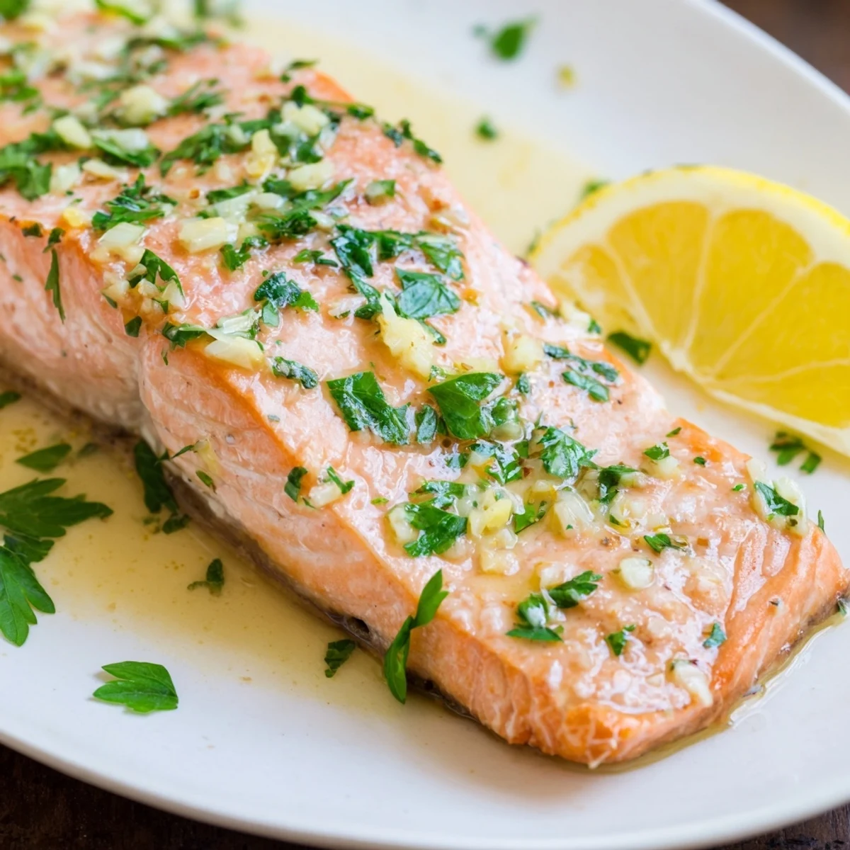 Freshly baked garlic salmon with a vibrant garlic butter glaze alongside bright green parsley for flavor.