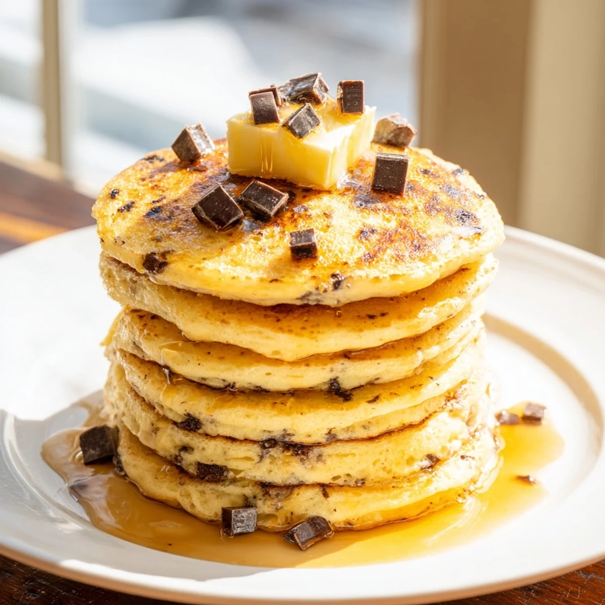 Warm, delicious chocolate chip pancakes stacked high, perfect for a cozy weekend breakfast treat.
