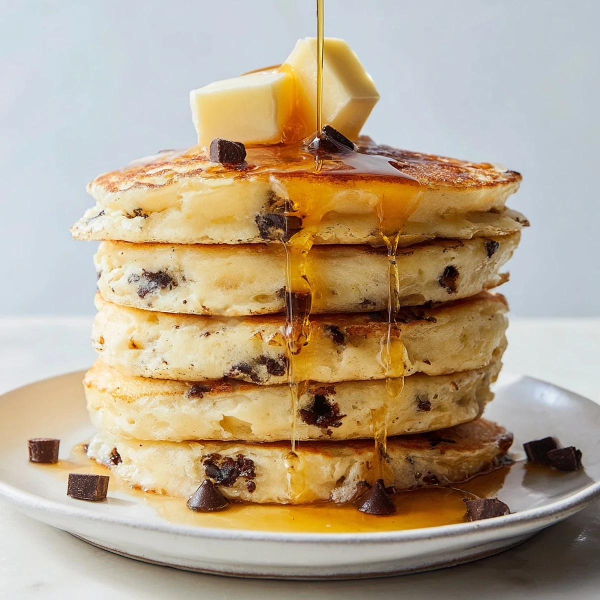 Stack of golden, fluffy chocolate chip pancakes with melty chocolate, ready to enjoy.