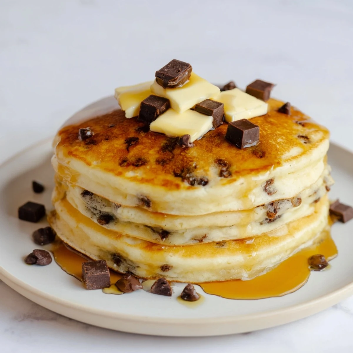 Close-up of freshly cooked chocolate chip pancakes, a sweet and simple American brunch classic.