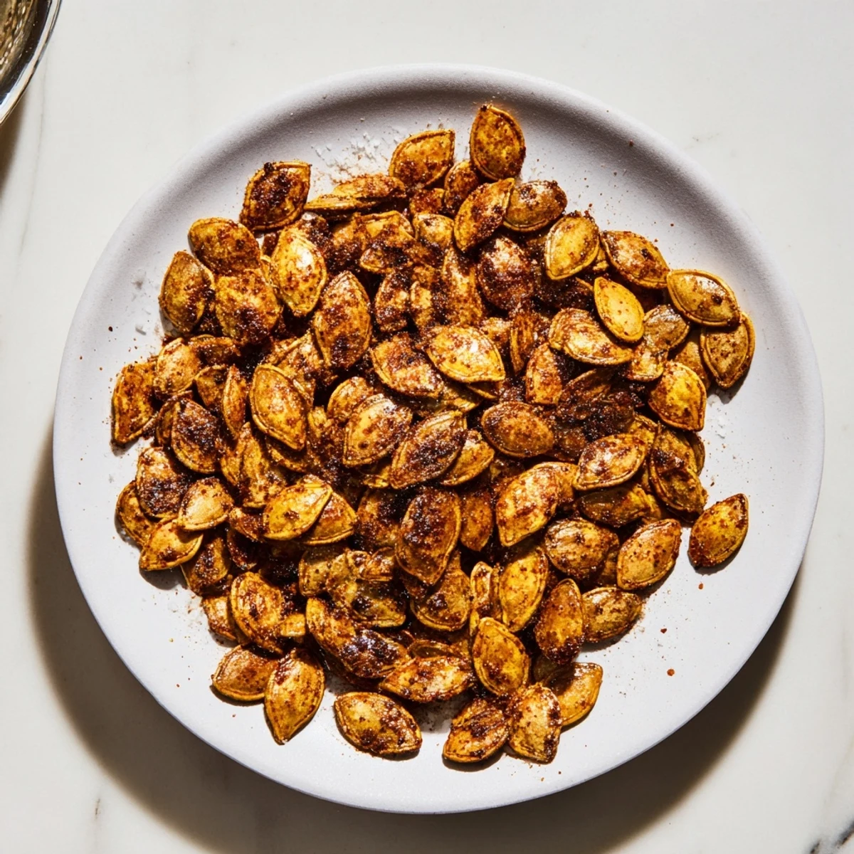 Golden, perfectly crunchy roasted pumpkin seeds, ideal for snacking or adding texture to salads.