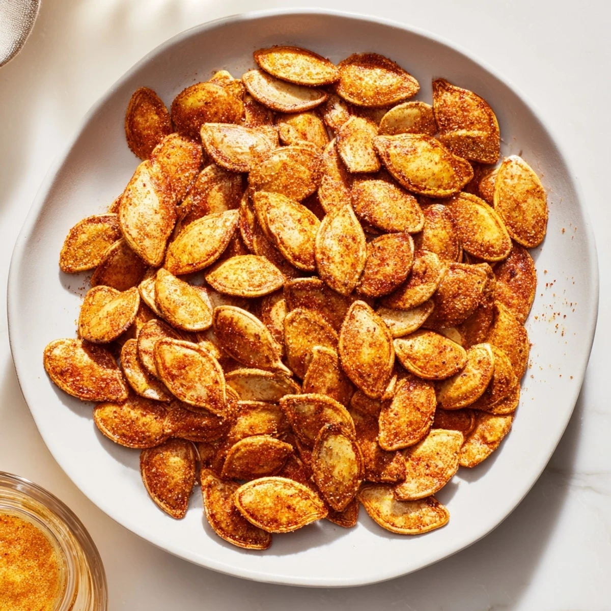 A close-up of savory, roasted pumpkin seeds, featuring a sprinkle of sea salt and paprika.