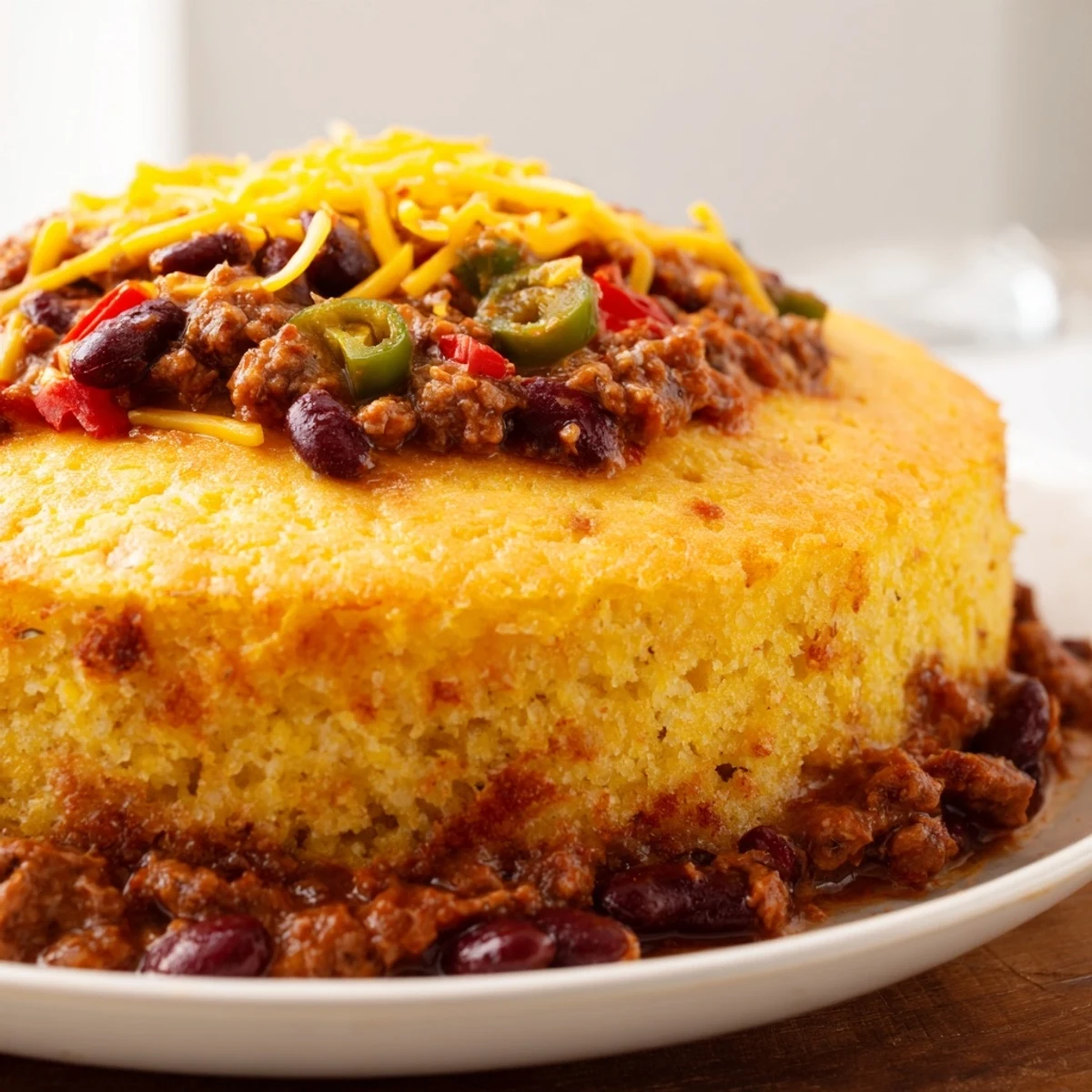 A bubbling skillet of chili cornbread, golden-crusted on top, ready for a hearty dinner.
