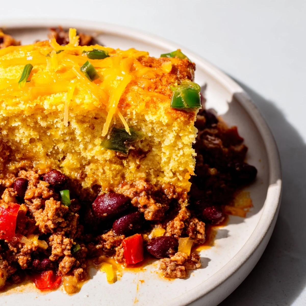 Warm, homemade chili cornbread; imagine the savory aroma of chili beneath a fluffy cornbread crust.