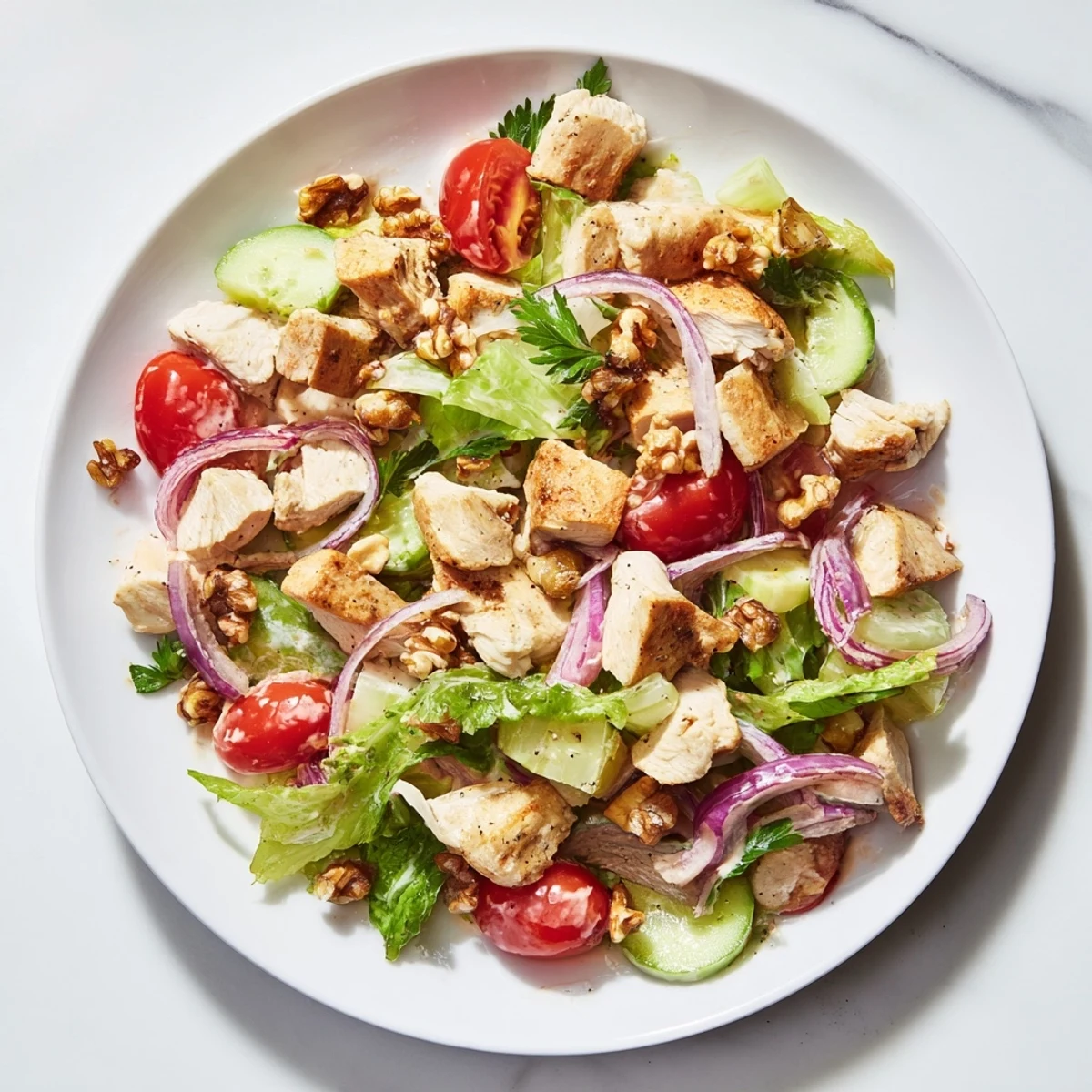 Golden-brown chicken salad with fresh veggies makes a vibrant and flavorful summer lunch.
