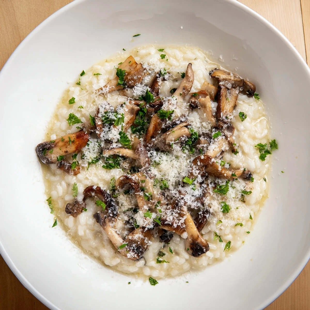 A steaming bowl of creamy Mushroom Risotto, garnished with fresh parsley and Parmesan.