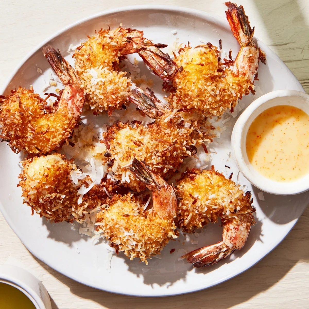Close-up of golden-brown coconut shrimp, offering a satisfying crunch with every bite.