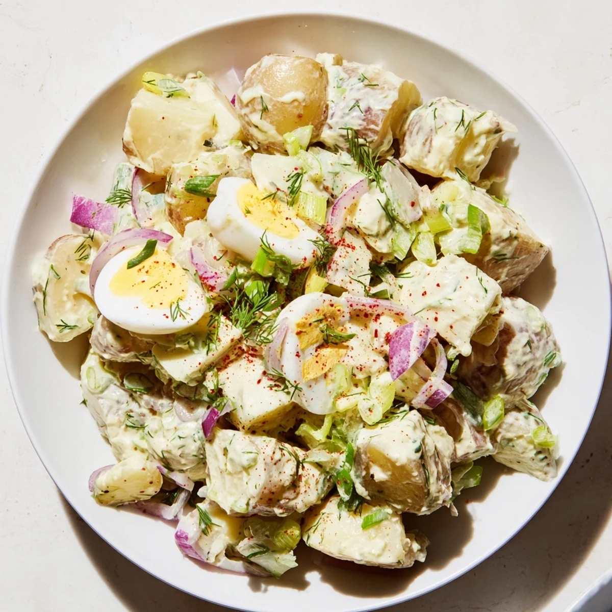 Creamy homemade potato salad, featuring fresh herbs and perfectly cooked potatoes, ready to serve.