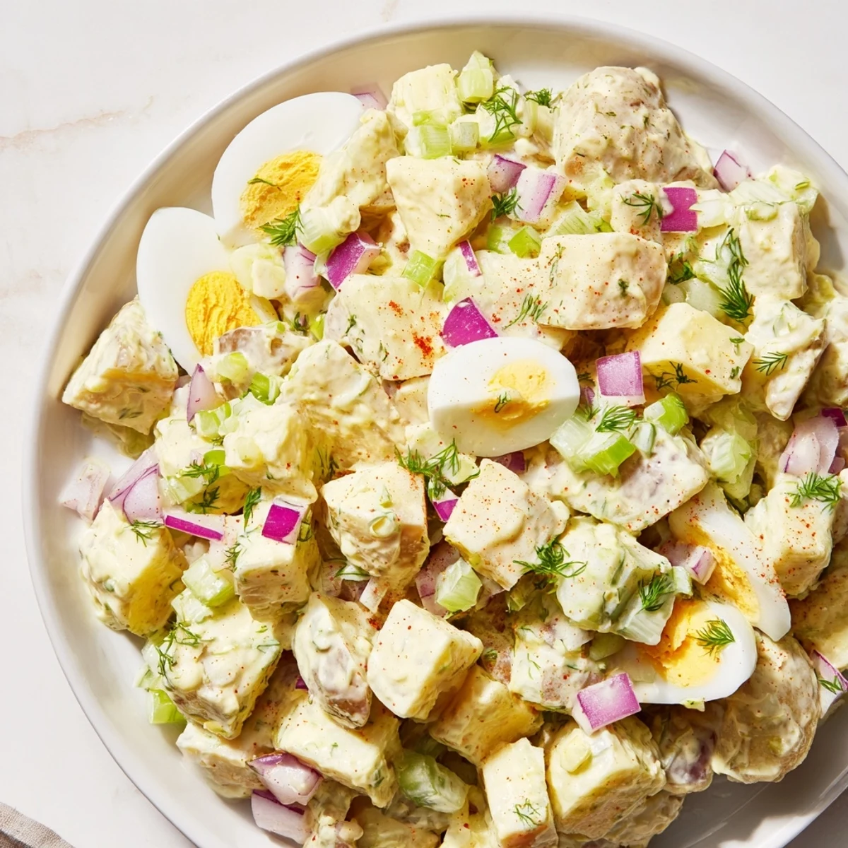 This classic American potato salad, with eggs and pickles, is perfect for your next summer barbecue.