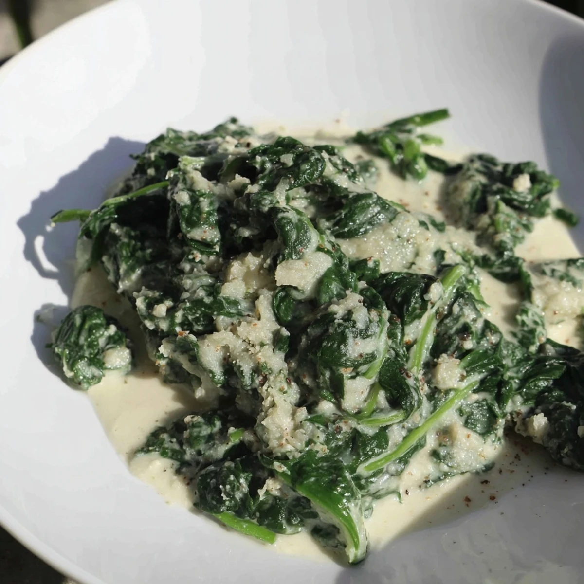 Creamy spinach dish glistening, hinting at a garlic-infused cream sauce, ideal as a side.