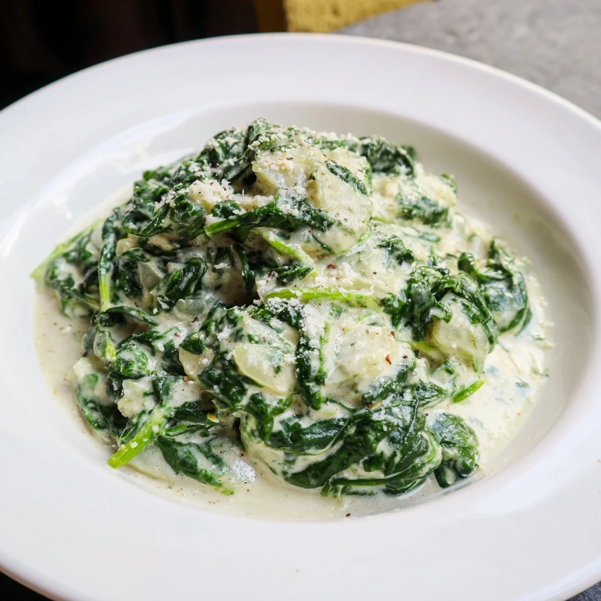 A close-up of the delicious creamy spinach, with visible Parmesan cheese, cooked to perfection.