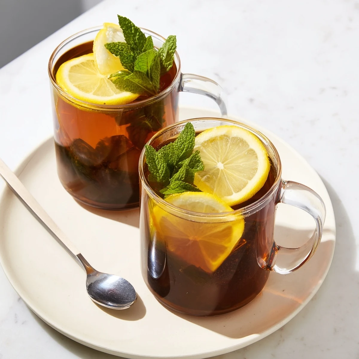 Steaming glass of Tea Lemon: chilled and flavorful, perfect for a sunny day's refreshment.