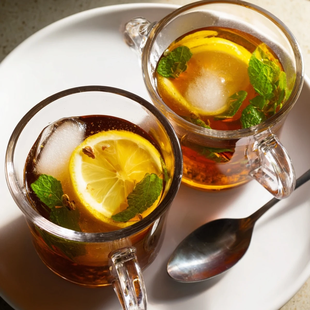 Bright yellow lemon slices floating in a tall, iced glass of refreshing Tea Lemon drink.