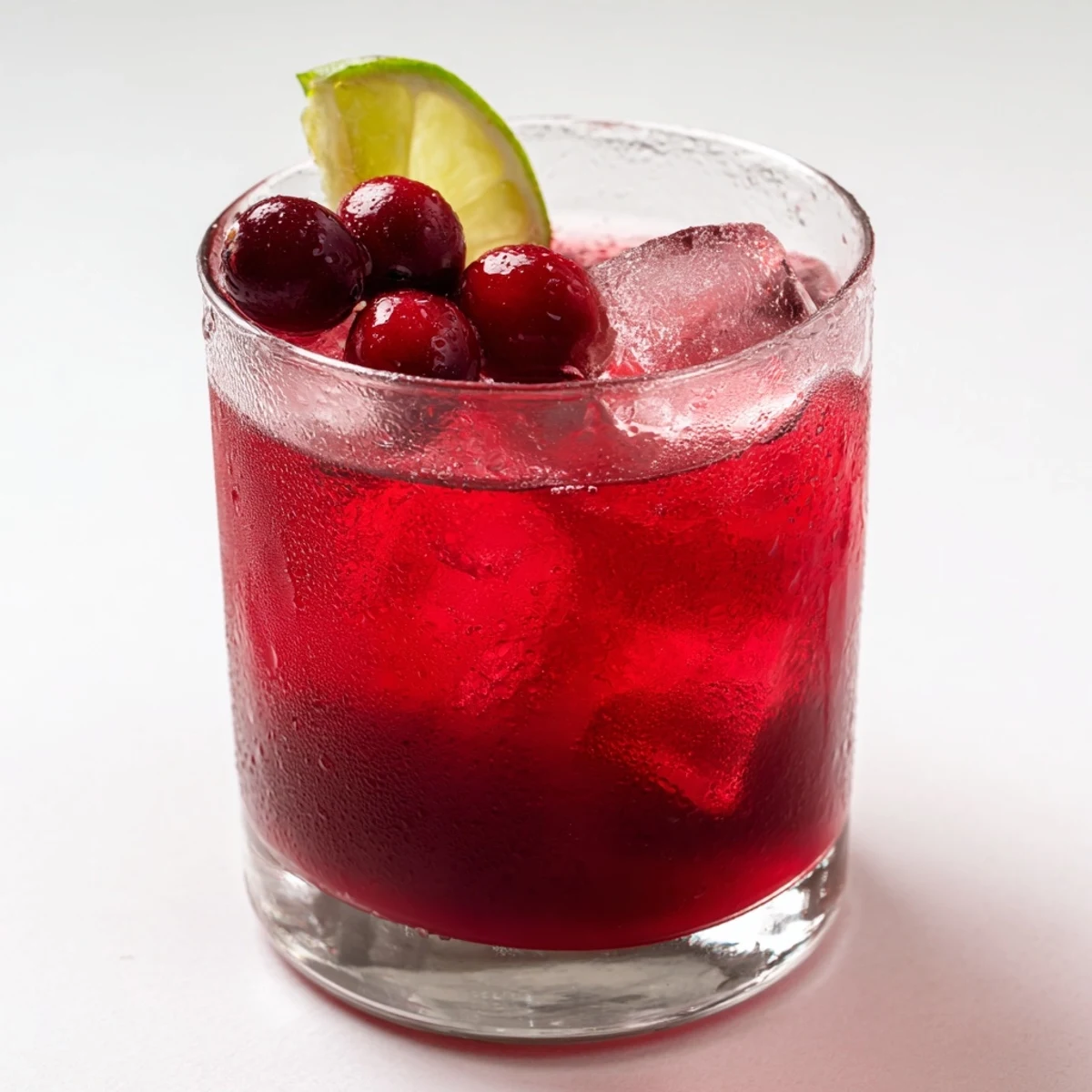 Crystal clear Cranberry Cocktail, garnished with lime and cranberries, looks refreshing on the rocks.