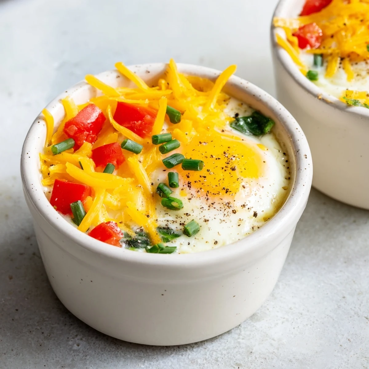 Baked Egg recipe showing creamy eggs with chives and cheese, easy for breakfast or dinner.