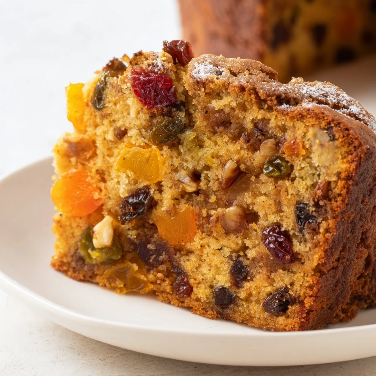 Steaming slice of Fruit Spiced Cake, speckled with fruit, ready to enjoy with a cup of tea.