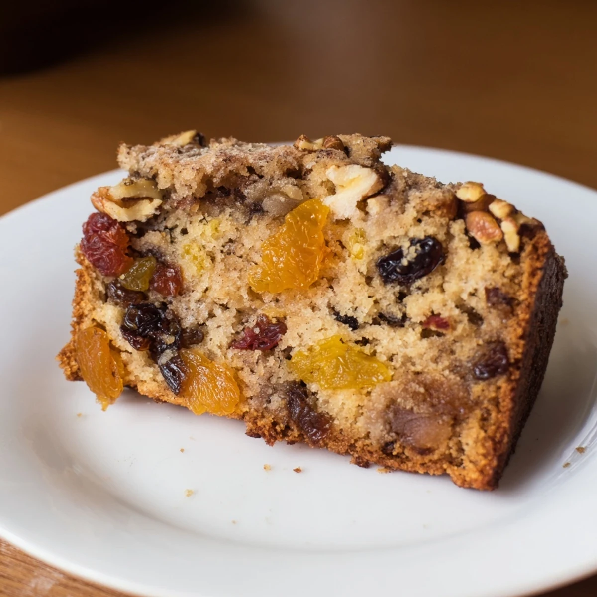 Slices of warm, moist Fruit Spiced Cake, perfect for dessert, topped with optional, crunchy nuts.