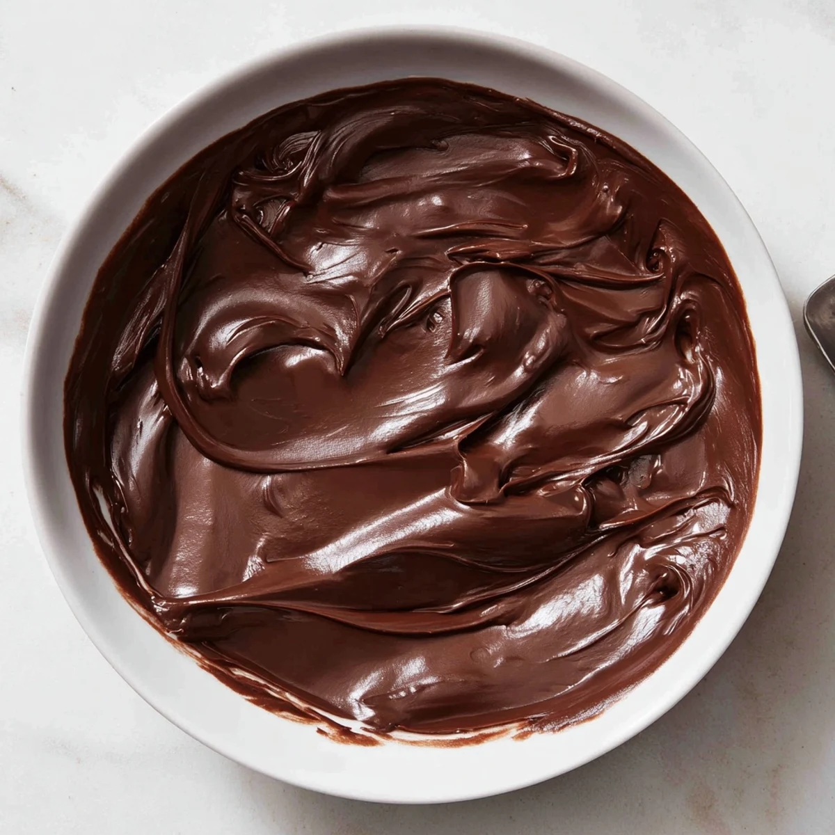 Homemade French chocolate ganache, a rich, creamy topping perfect for filling pastries, visible close-up.