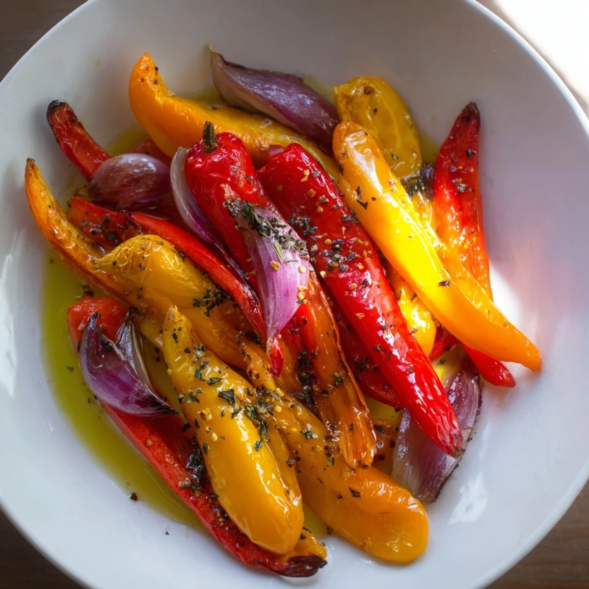 Savory Pepper Roasted, with glistening, caramelized edges, showing tender roasted bell peppers and onions.