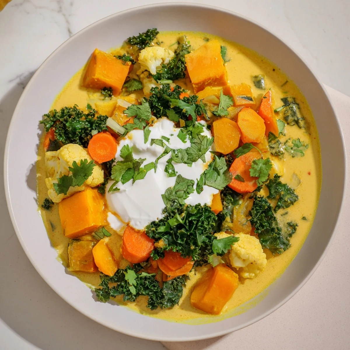Steaming Winter Vegetable Curry with rice, the vibrant orange and greens offering a comforting aroma.