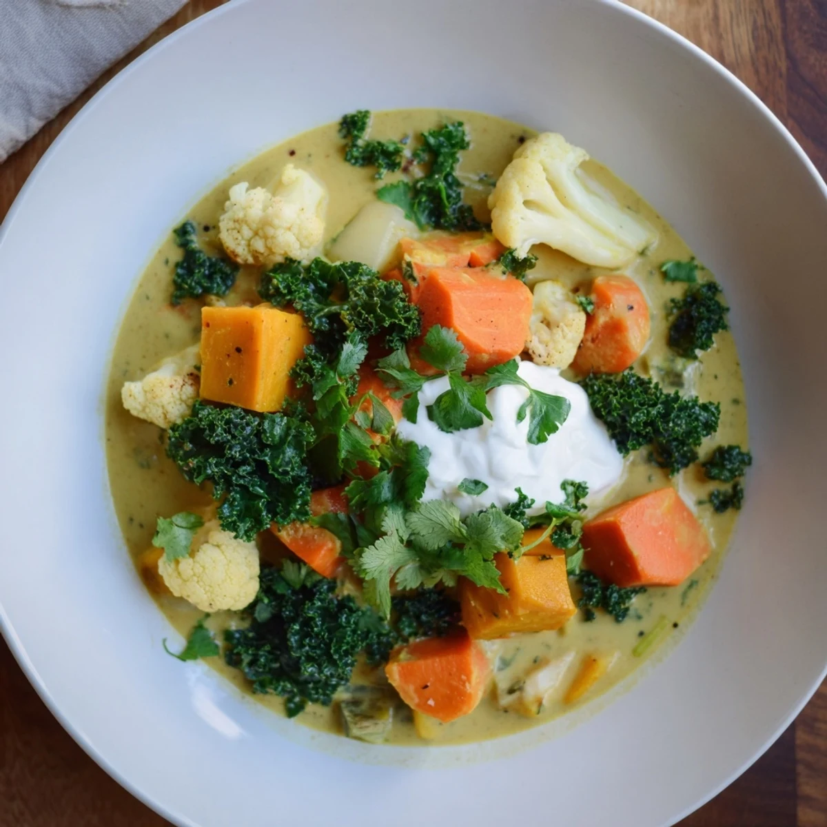 A close-up of Winter Vegetable Curry, showcasing tender vegetables immersed in a rich, coconut milk sauce.