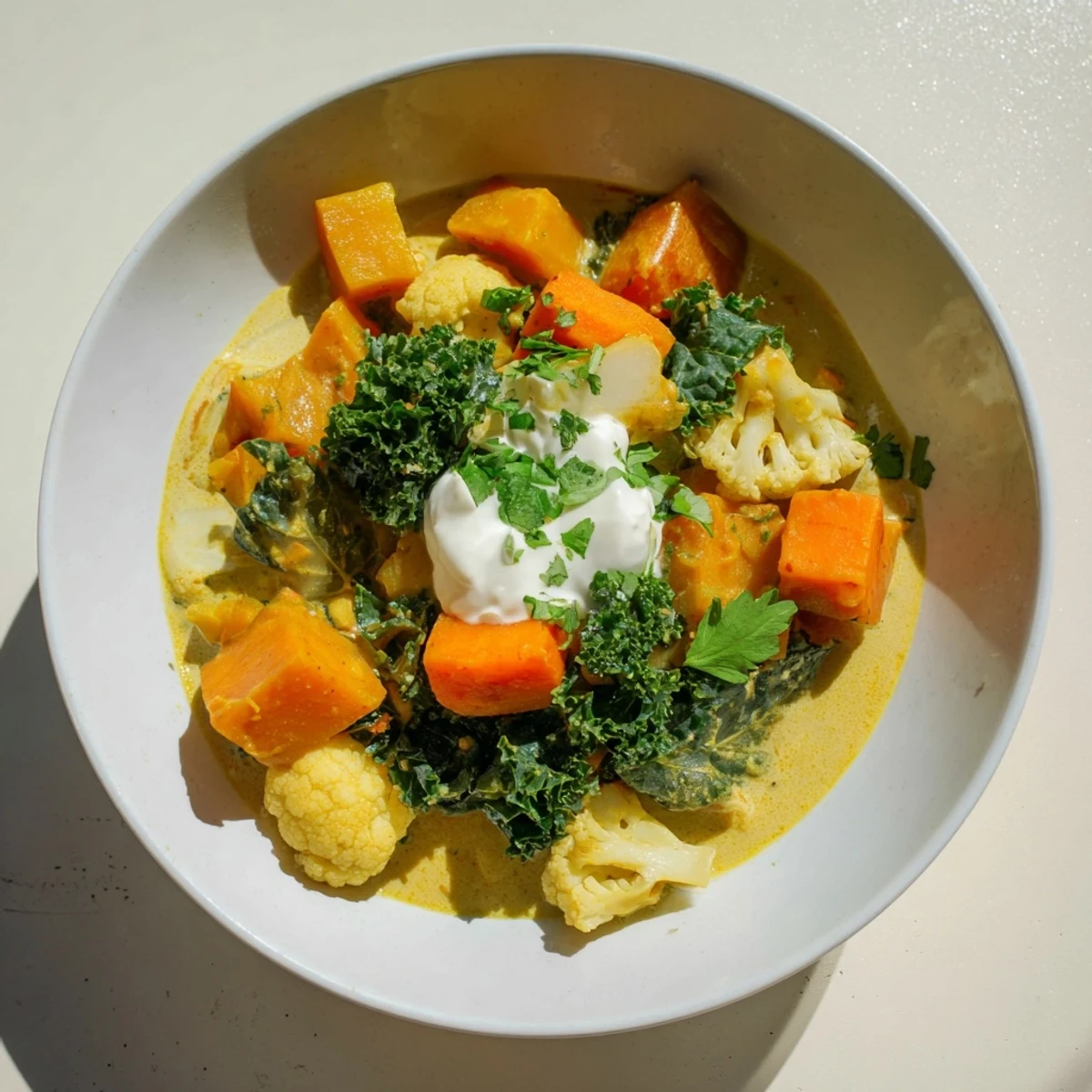 Fluffy white rice alongside a hearty portion of Winter Vegetable Curry, perfect for a flavorful weeknight meal.