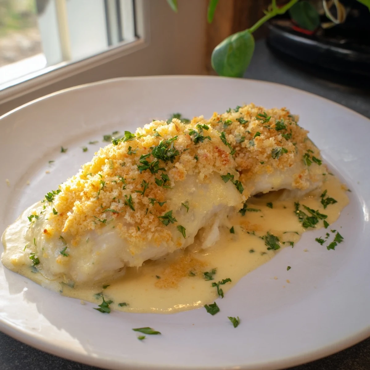Golden-brown baked haddock with cheese sauce, a comforting pescatarian main for dinner.