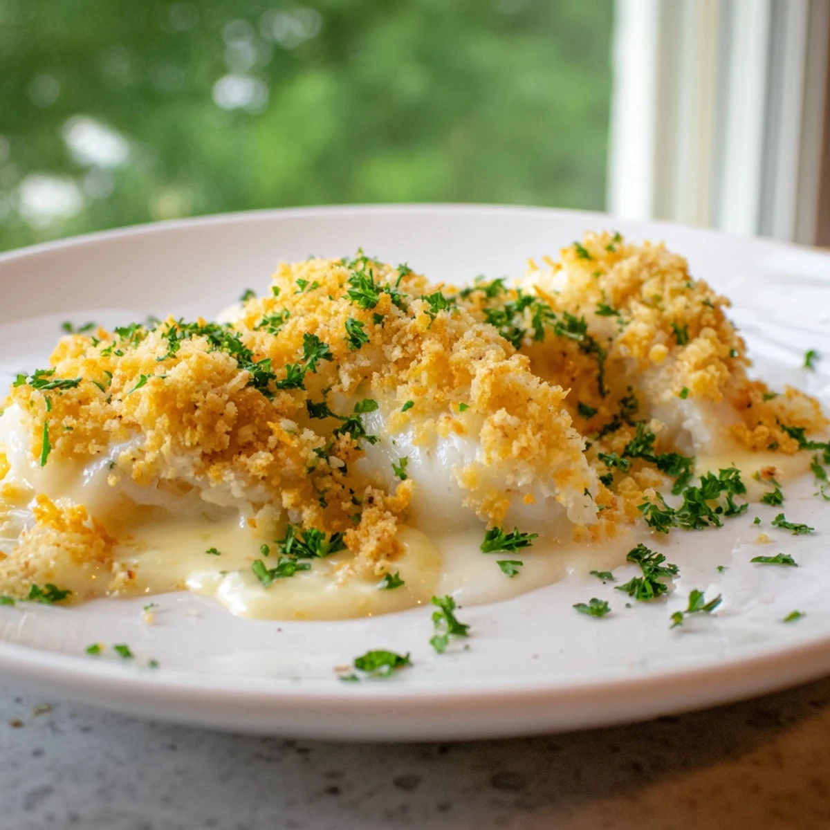 Flavorful baked haddock, smothered in a creamy cheese sauce, ready for serving with sides.