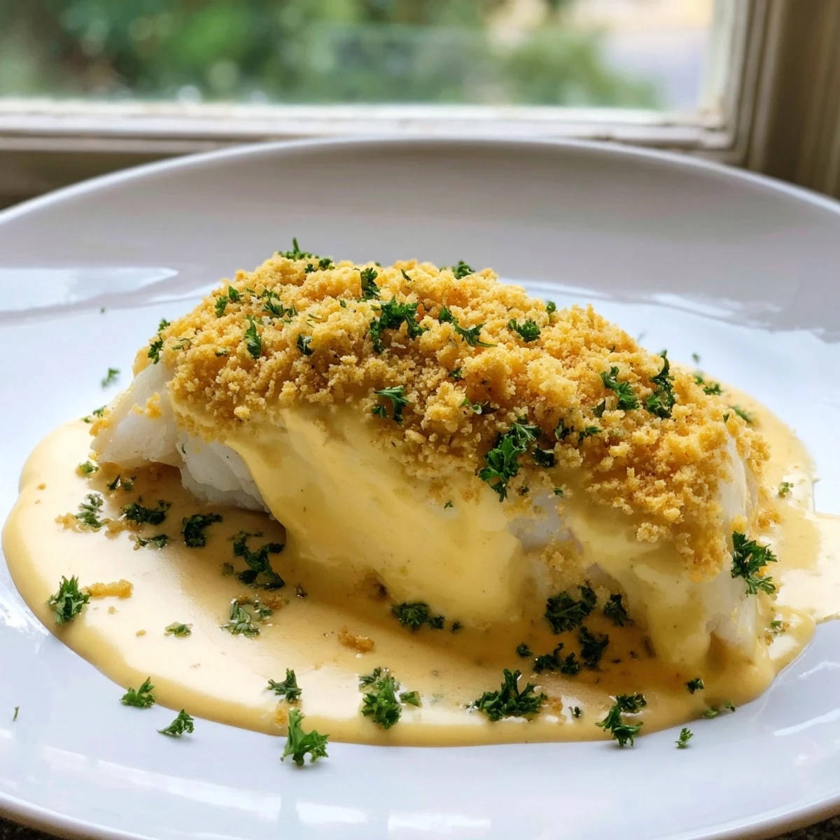This cheesy baked haddock, with a crispy breadcrumb topping, is smelling delicious right now.