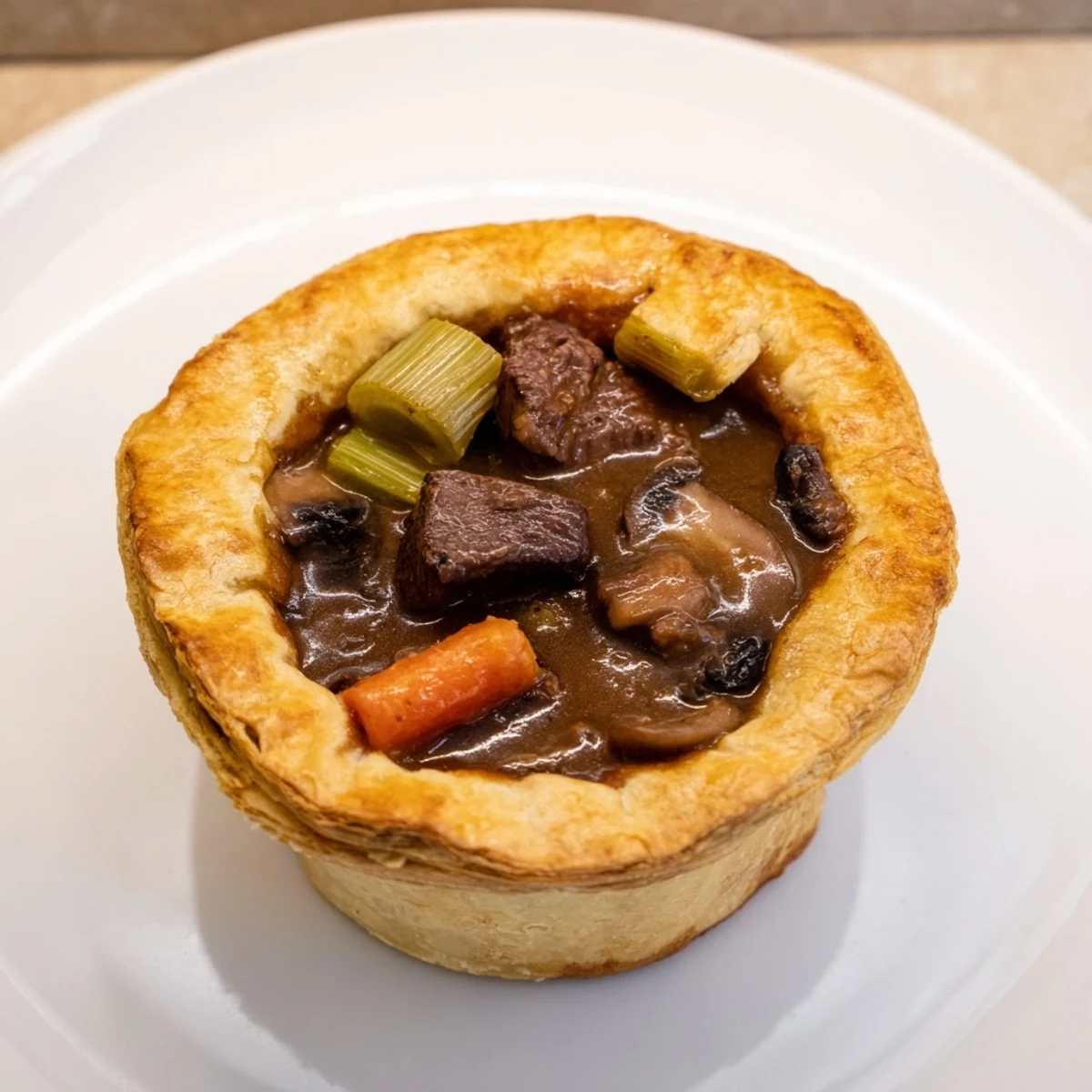 A close-up of a bubbling Beef and Ale-Free Pie, the savory filling visible beneath golden pastry.