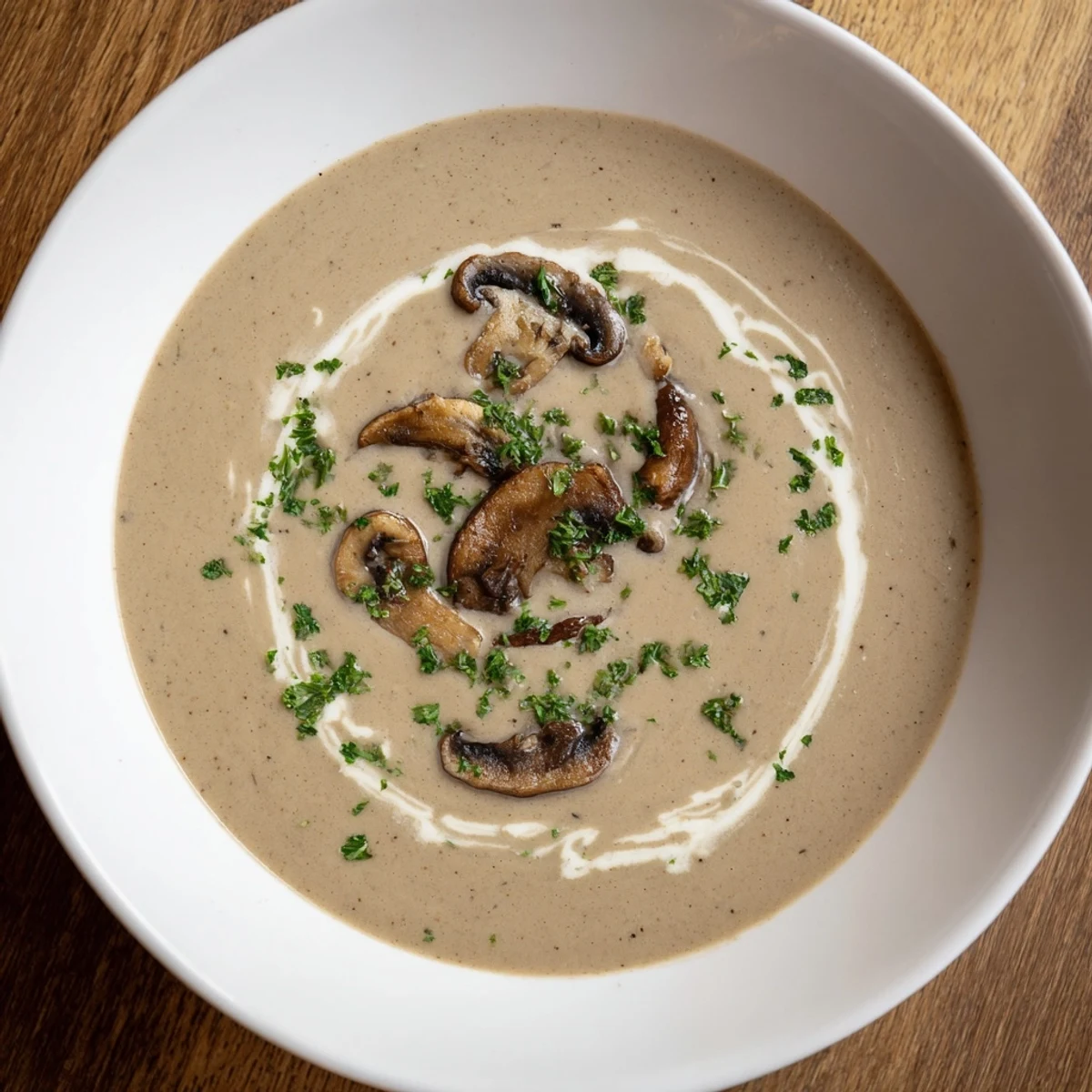 Creamy mushroom and garlic soup, a rich, velvety blend, served hot in a bowl with fresh parsley.