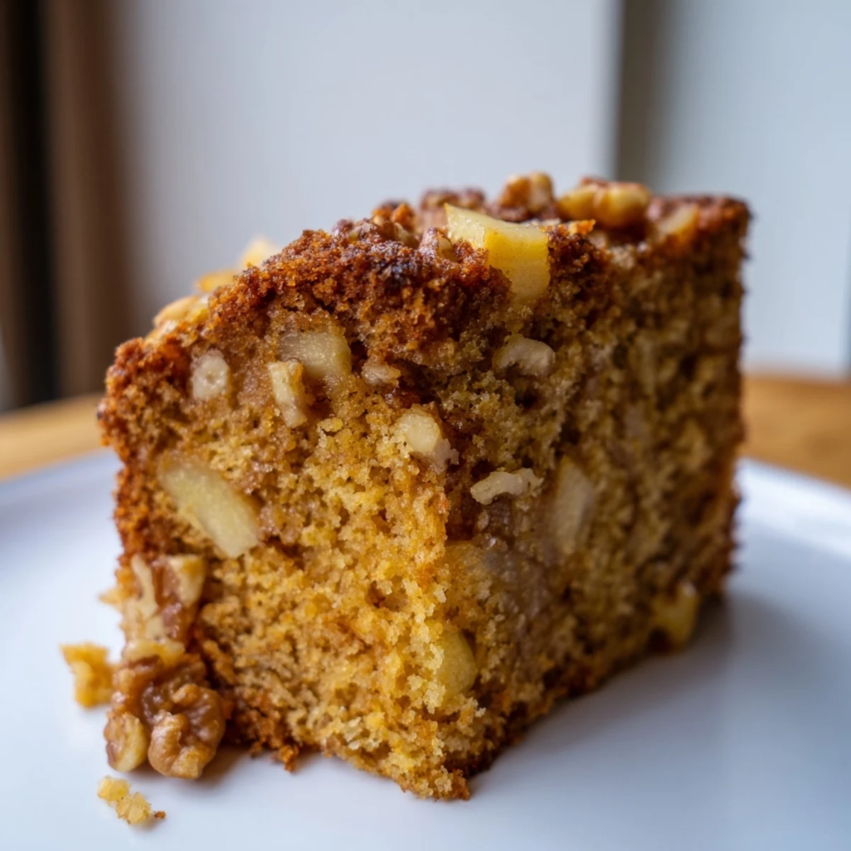 A slice of warm Spiced Pear and Walnut Cake, showing the moist texture and inviting spices.
