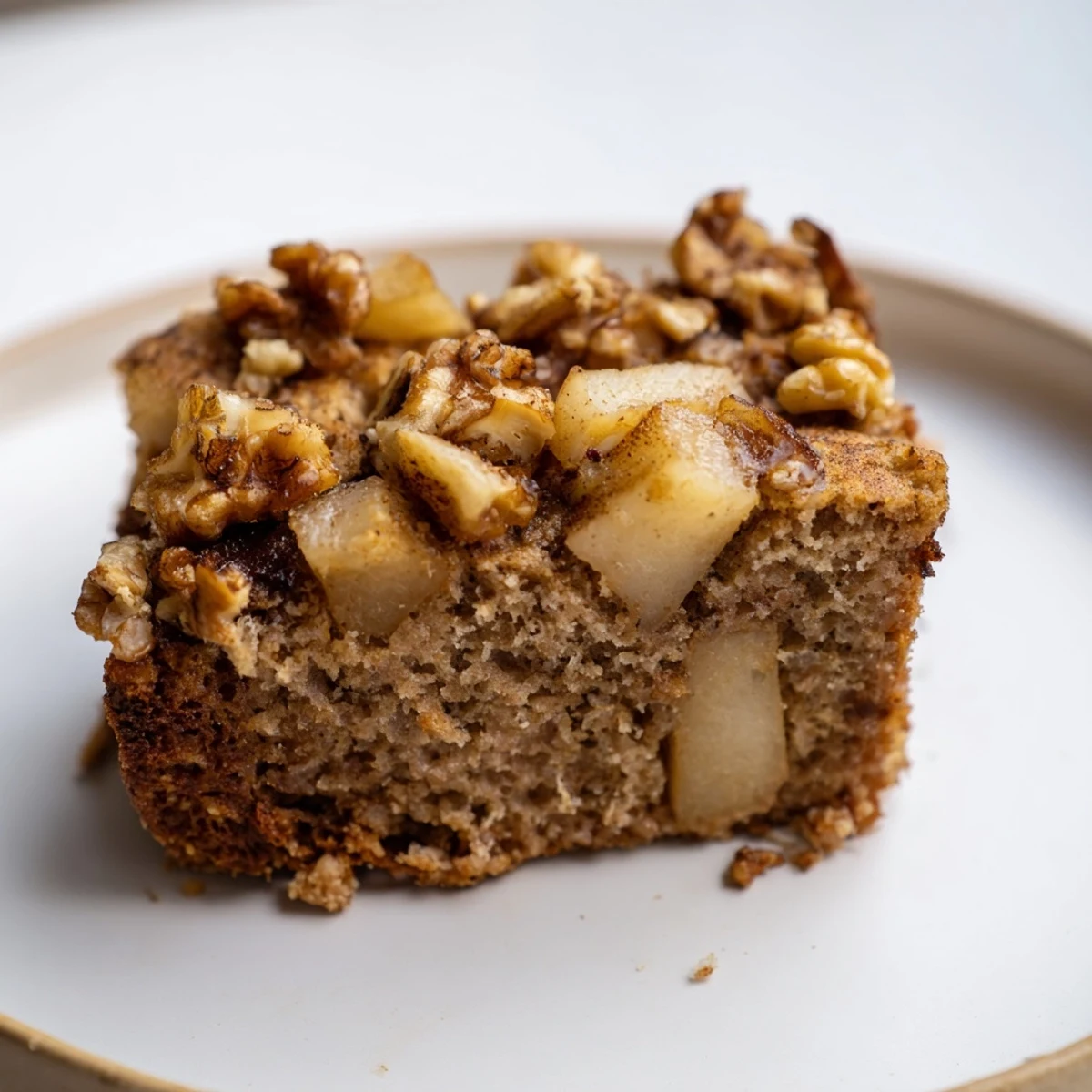 Moist Spiced Pear and Walnut Cake, full of diced pears and crunchy walnuts, perfect for autumn.
