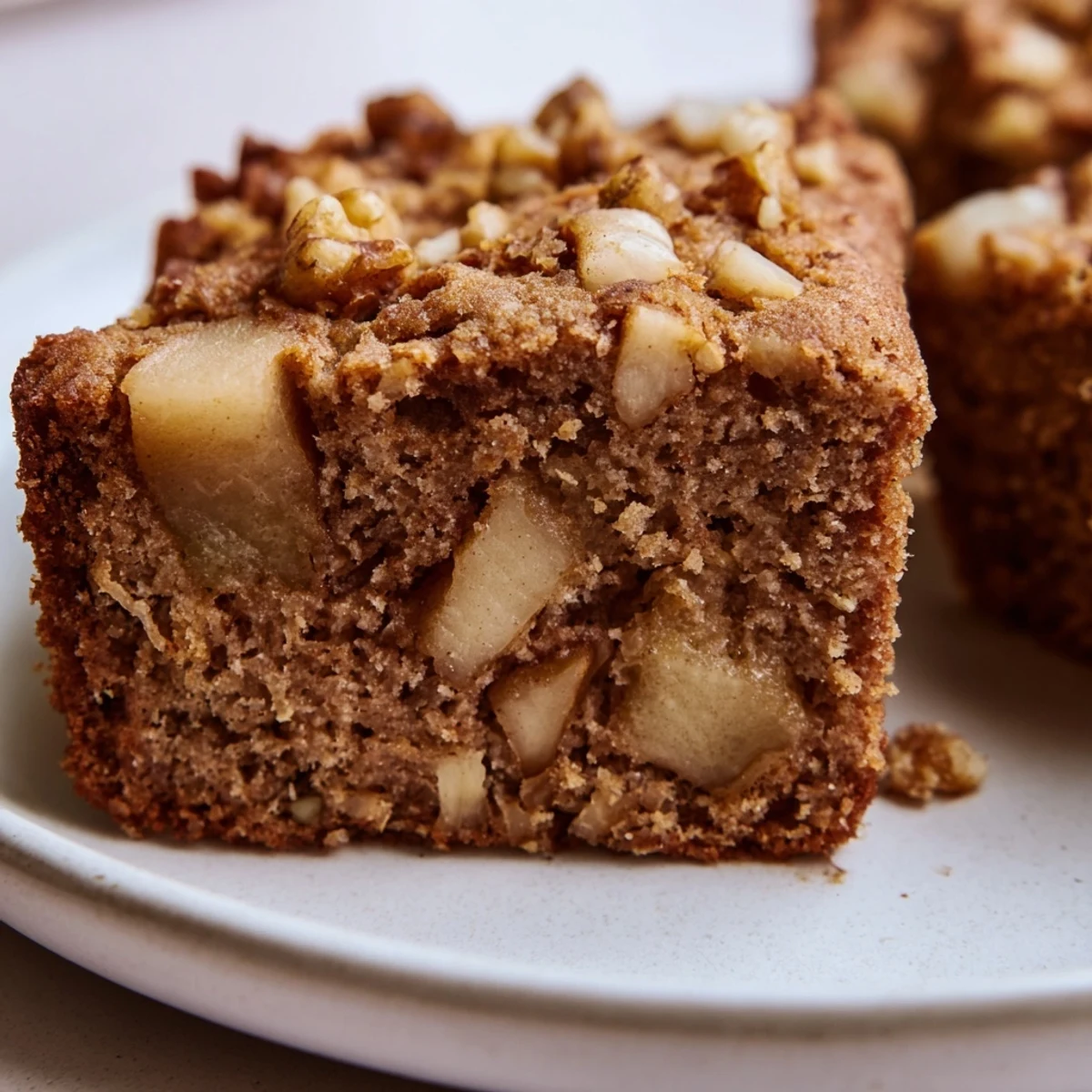 Freshly baked Spiced Pear and Walnut Cake, with visible pieces of fruit and nuts, ready to eat.