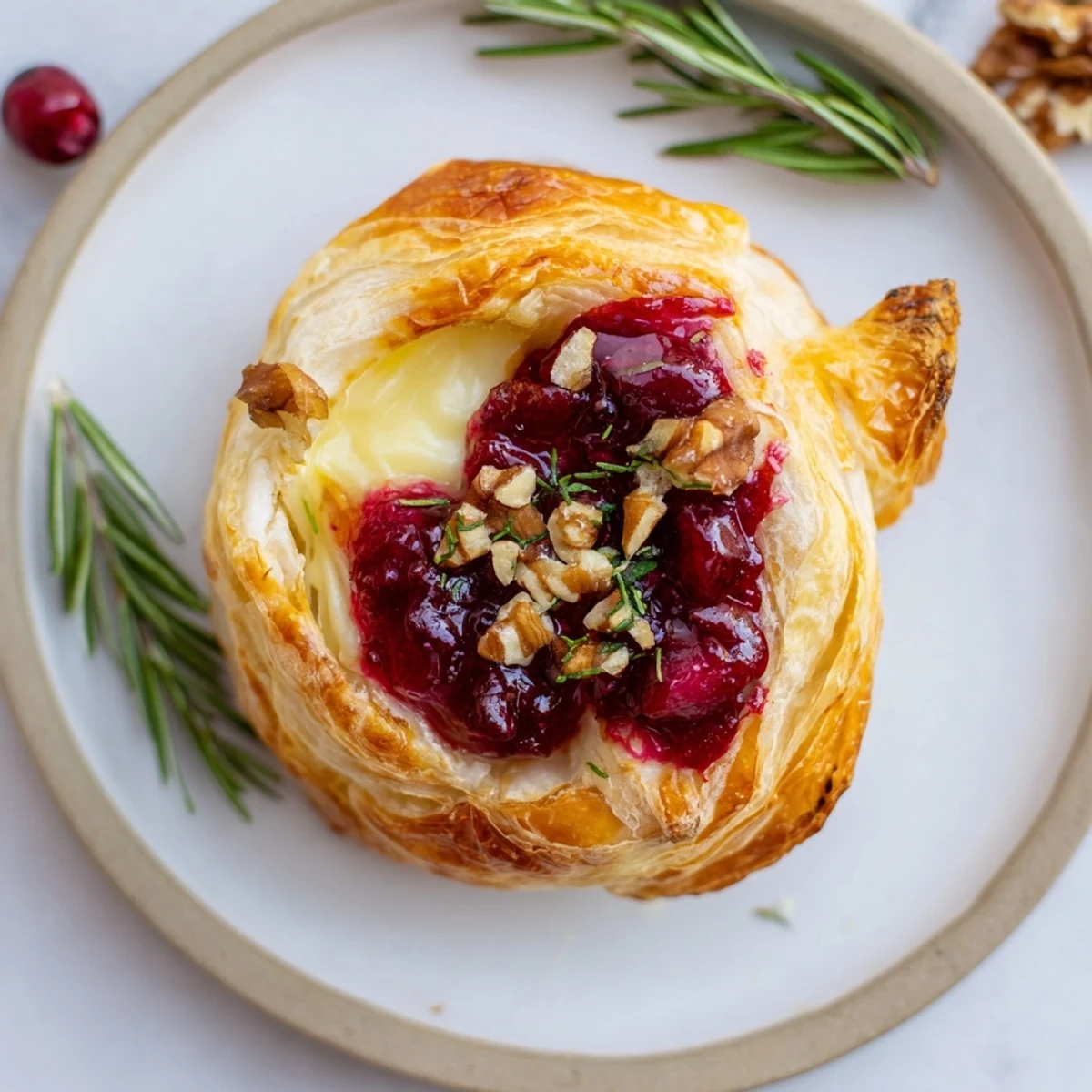 Golden-brown Cranberry Brie Puff Pastry parcels, oozing warm cheese and cranberry filling, ready to serve.
