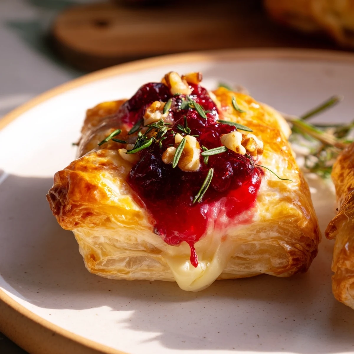 Flaky, golden puff pastry squares filled with creamy Brie and cranberry, a festive appetizer photo.
