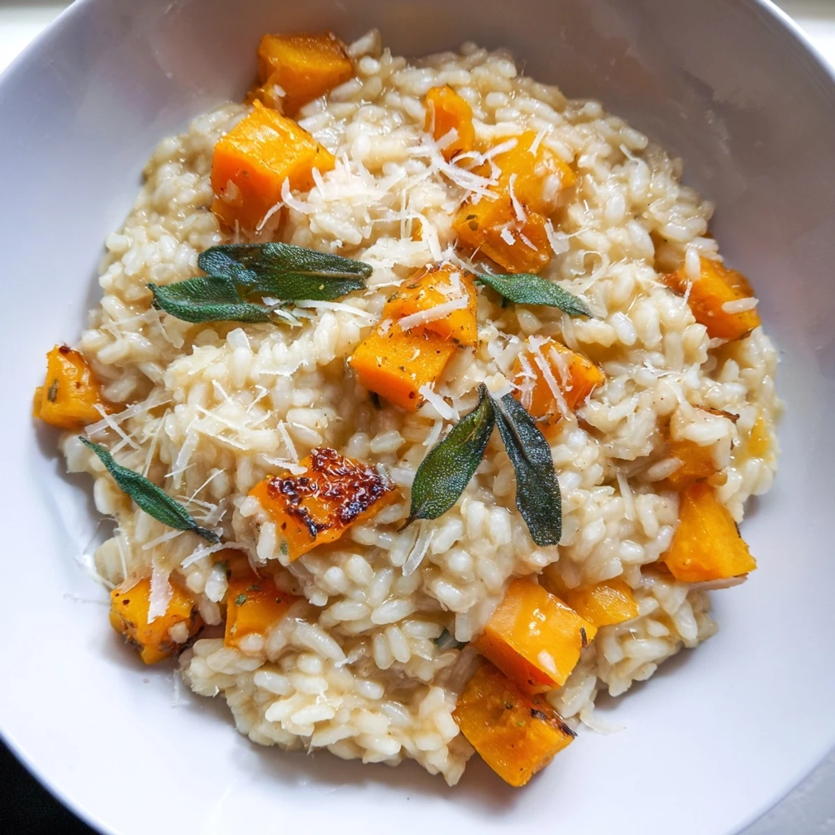 Golden roasted pumpkin and sage risotto, a comforting vegetarian main course, ready to serve.