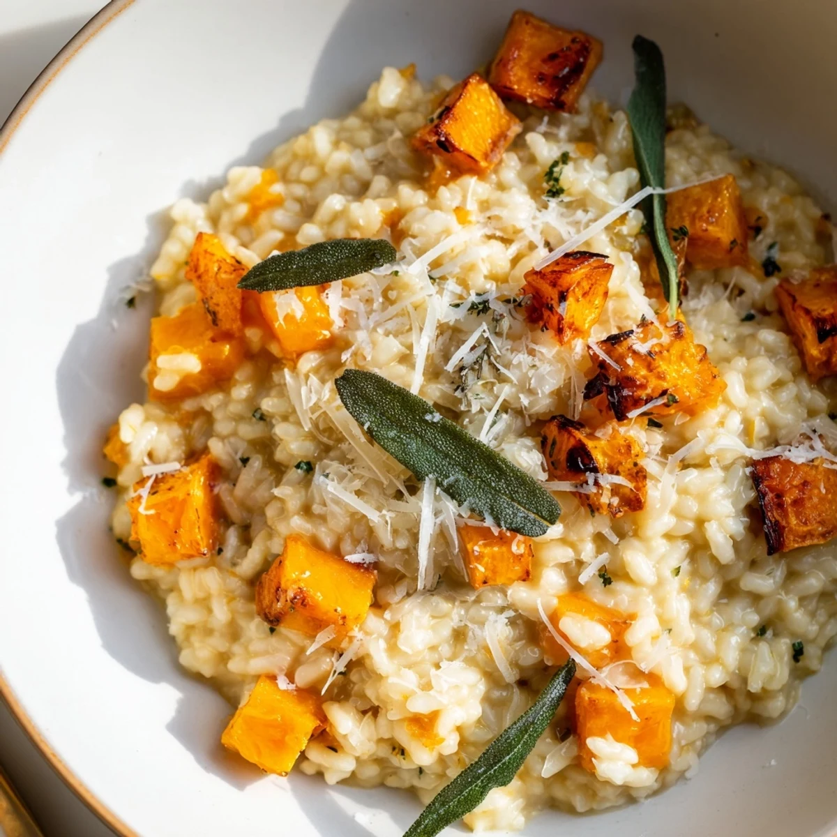 Aromatic close-up of creamy roasted pumpkin and sage risotto, topped with fresh Parmesan cheese.