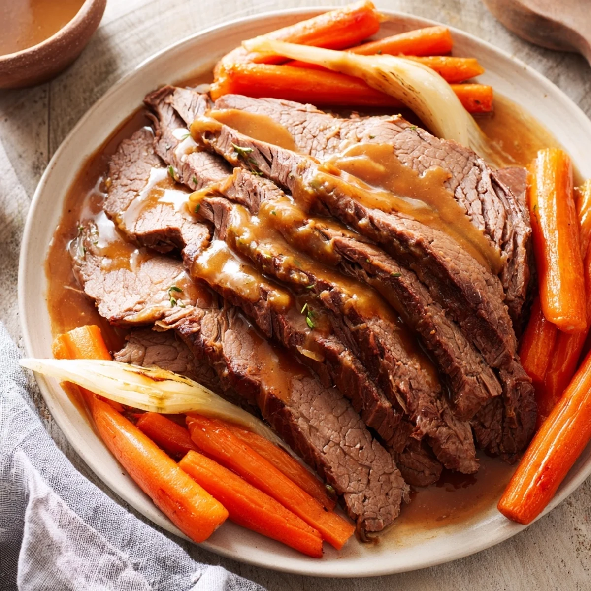 Savory, slow-cooked beef brisket, falling apart, with tender vegetables in a rich sauce.