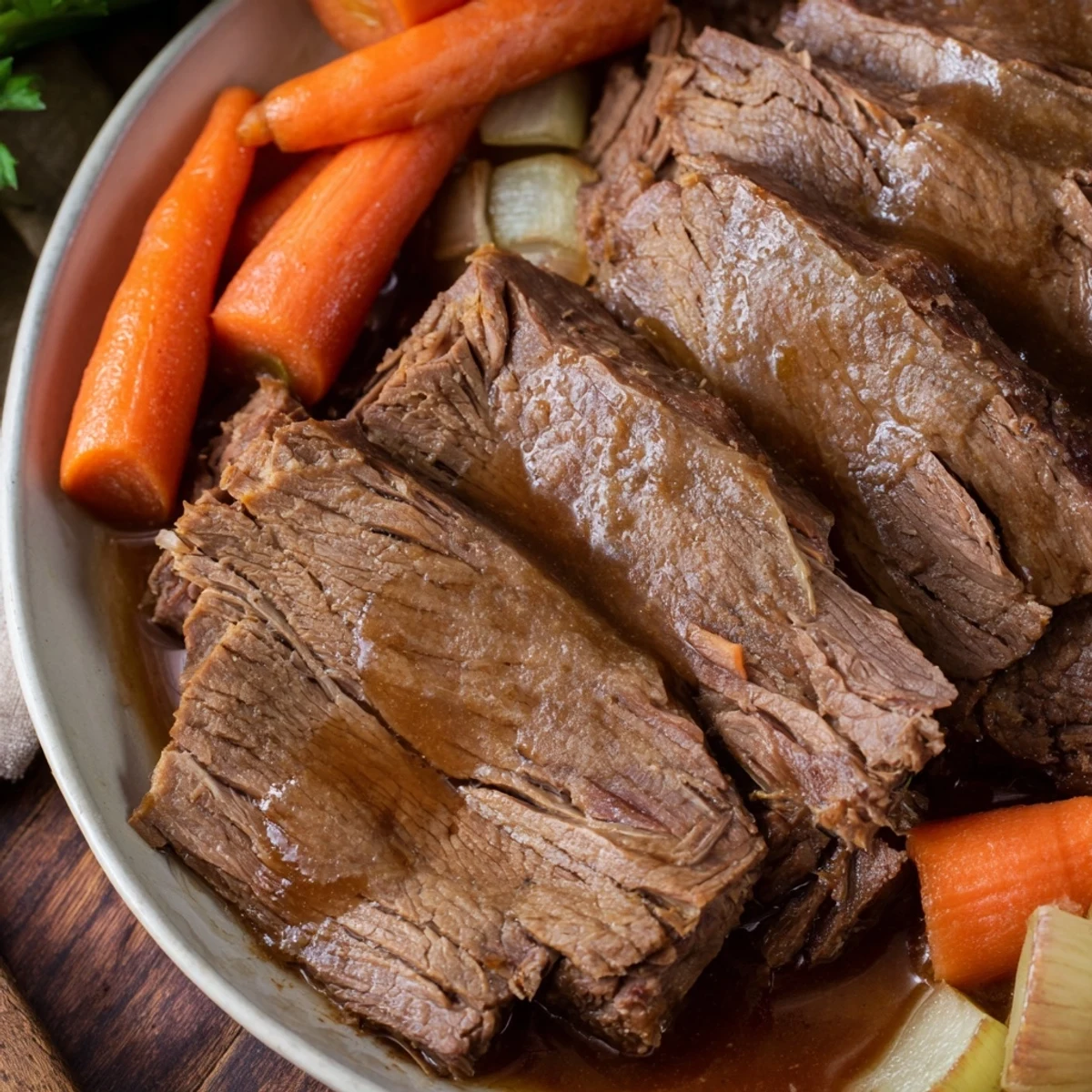 Fork-tender slow cooked brisket, aromatic with herbs, served with carrots and onions.