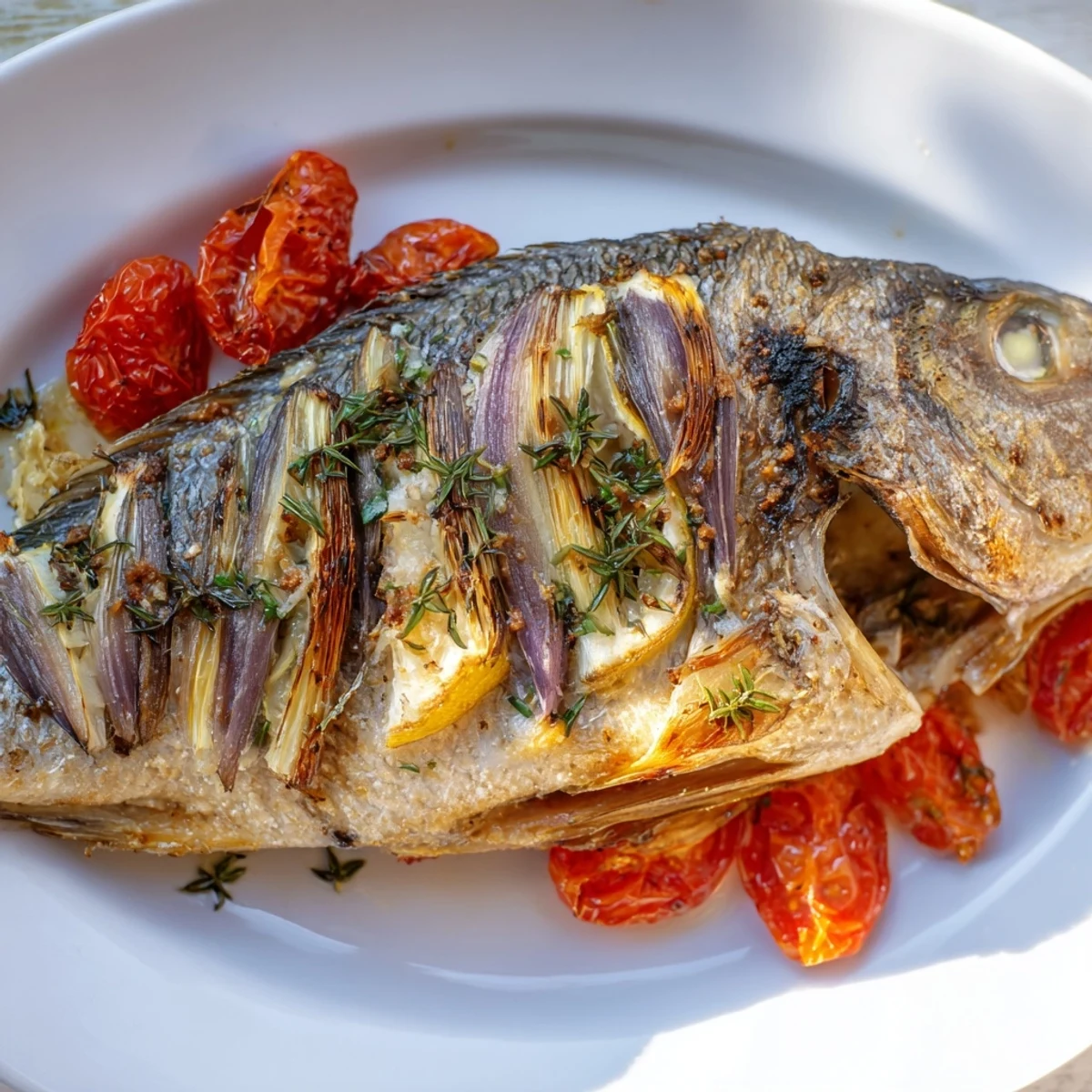 Golden baked sea bream with herbs, lemon, and bubbly skin offers a delicious Mediterranean meal.